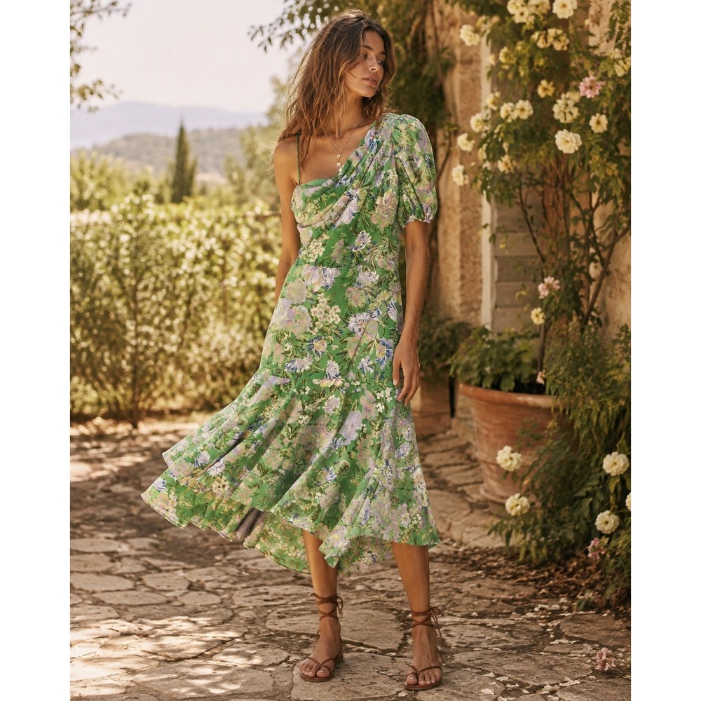 ASTR the Label Green Lilac Floral One Shoulder Midi Dress Small ACDR100550B